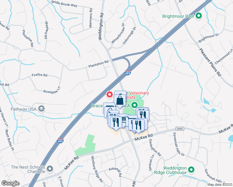 map of restaurants, bars, coffee shops, grocery stores, and more near 2404 Plantation Center Drive in Matthews