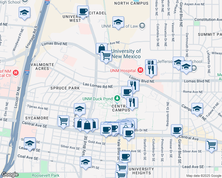 map of restaurants, bars, coffee shops, grocery stores, and more near 601 Yale Boulevard Northeast in Albuquerque