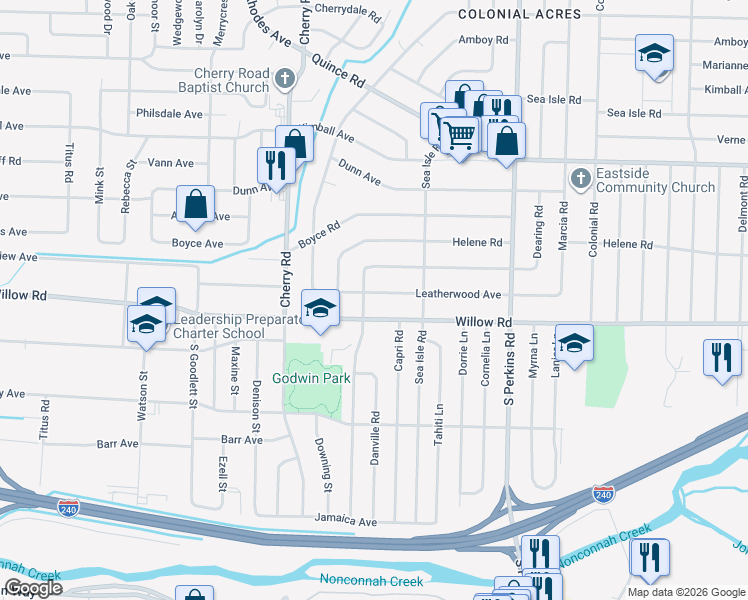 map of restaurants, bars, coffee shops, grocery stores, and more near 4469 Leatherwood Avenue in Memphis