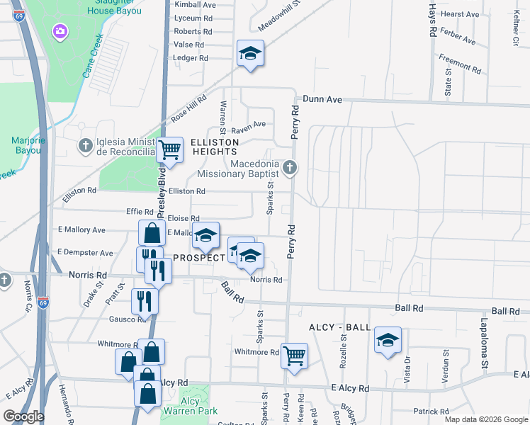 map of restaurants, bars, coffee shops, grocery stores, and more near 2151 Sparks Street in Memphis