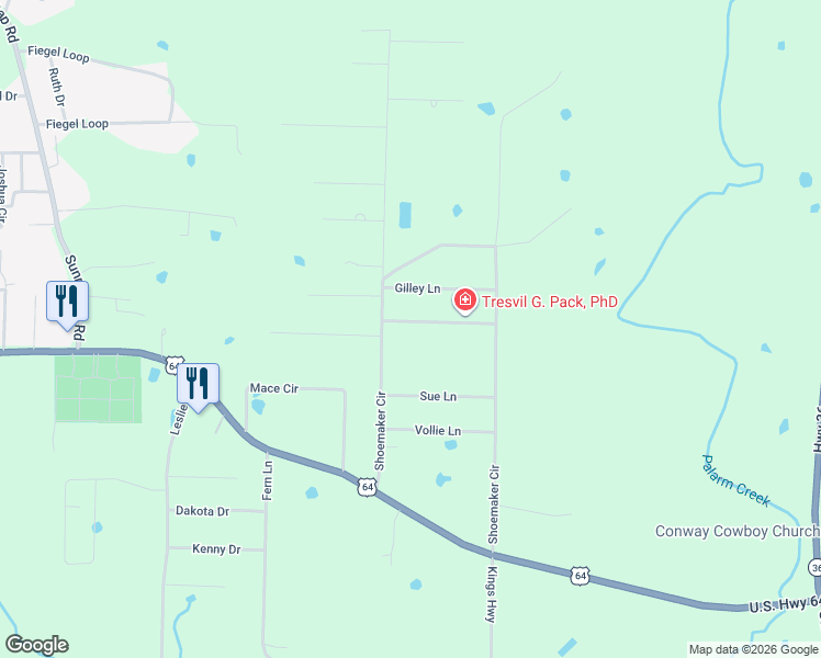 map of restaurants, bars, coffee shops, grocery stores, and more near 38 Shoemaker Circle in Conway