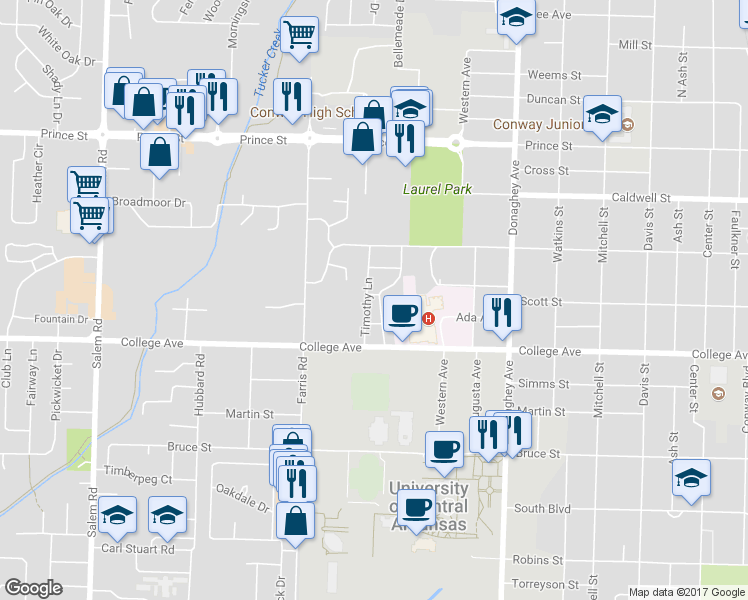 map of restaurants, bars, coffee shops, grocery stores, and more near 1 Mark Place in Conway