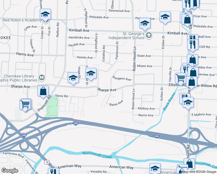 map of restaurants, bars, coffee shops, grocery stores, and more near 1641 Mary Drive in Memphis