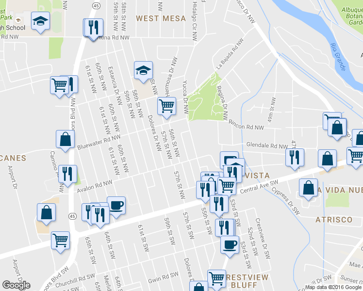 map of restaurants, bars, coffee shops, grocery stores, and more near 321 55th Street Northwest in Albuquerque