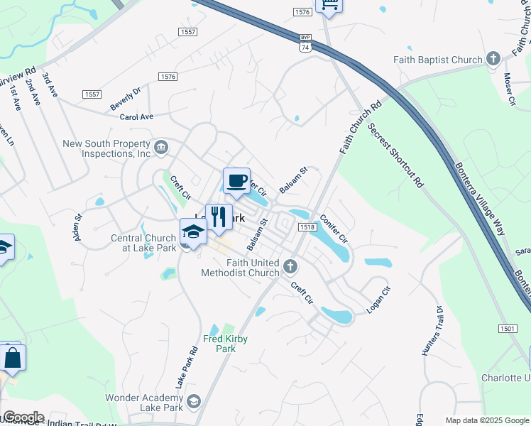 map of restaurants, bars, coffee shops, grocery stores, and more near 3911 Balsam Street in Indian Trail