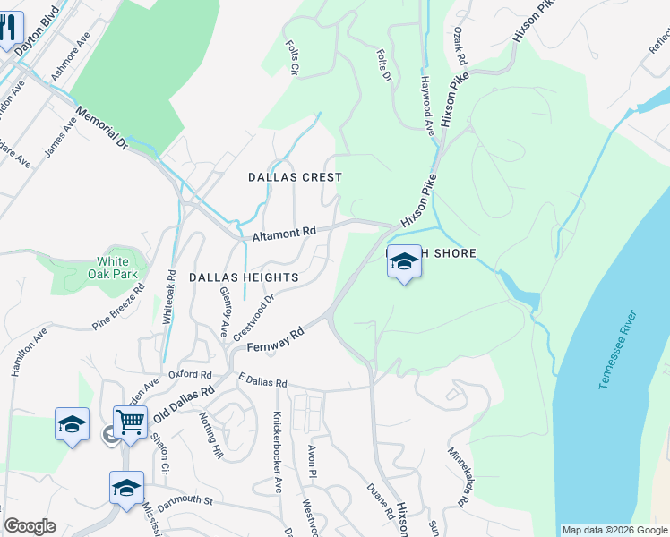map of restaurants, bars, coffee shops, grocery stores, and more near 1836 Crestwood Drive in Chattanooga