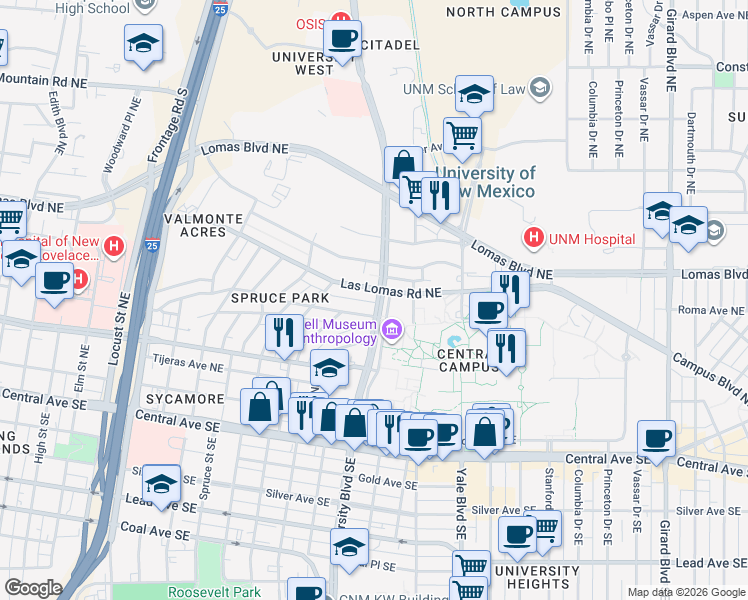 map of restaurants, bars, coffee shops, grocery stores, and more near 1610 Las Lomas Road Northeast in Albuquerque