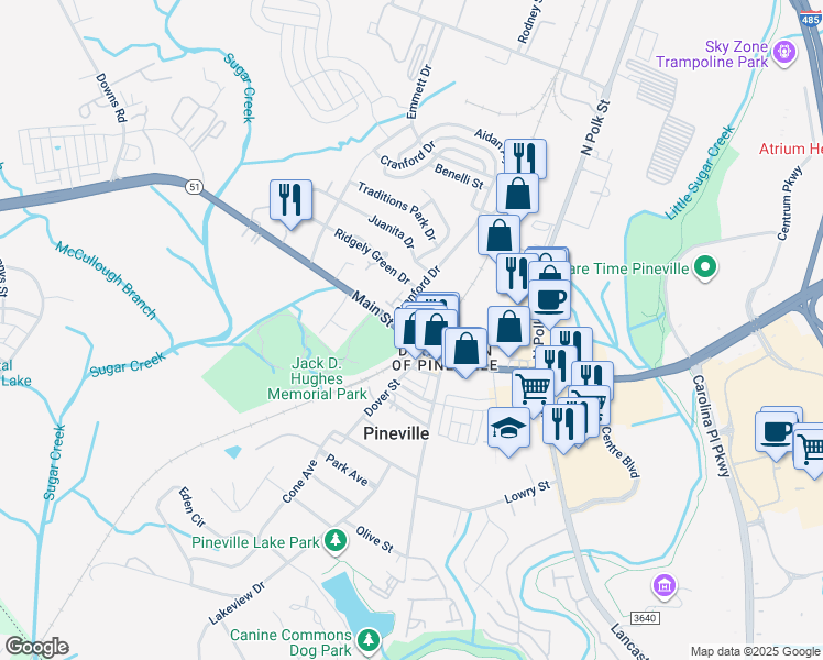 map of restaurants, bars, coffee shops, grocery stores, and more near 404 Main St in Pineville
