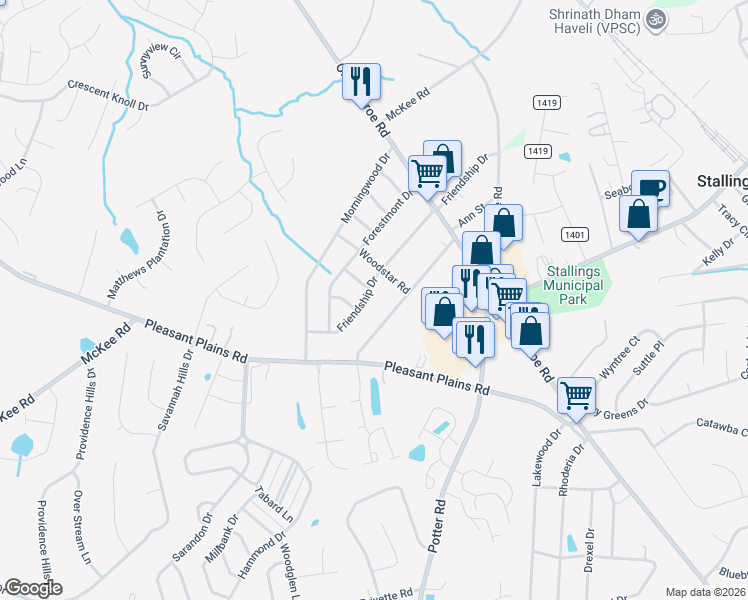map of restaurants, bars, coffee shops, grocery stores, and more near 509 Friendship Drive in Matthews
