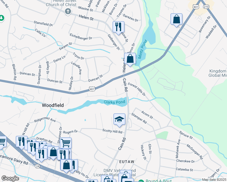 map of restaurants, bars, coffee shops, grocery stores, and more near 1309 Everglade Drive in Fayetteville