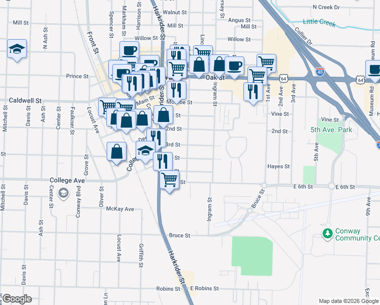 map of restaurants, bars, coffee shops, grocery stores, and more near 512 Factory Street in Conway