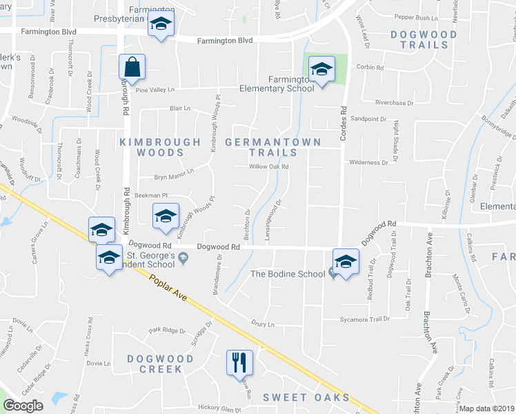 map of restaurants, bars, coffee shops, grocery stores, and more near 2286 Birchton Drive in Germantown
