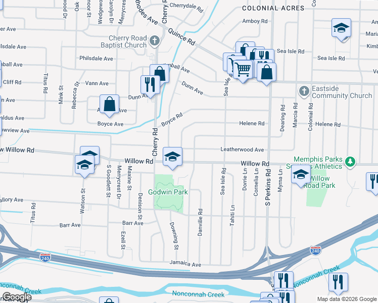 map of restaurants, bars, coffee shops, grocery stores, and more near 4421 Leatherwood Avenue in Memphis