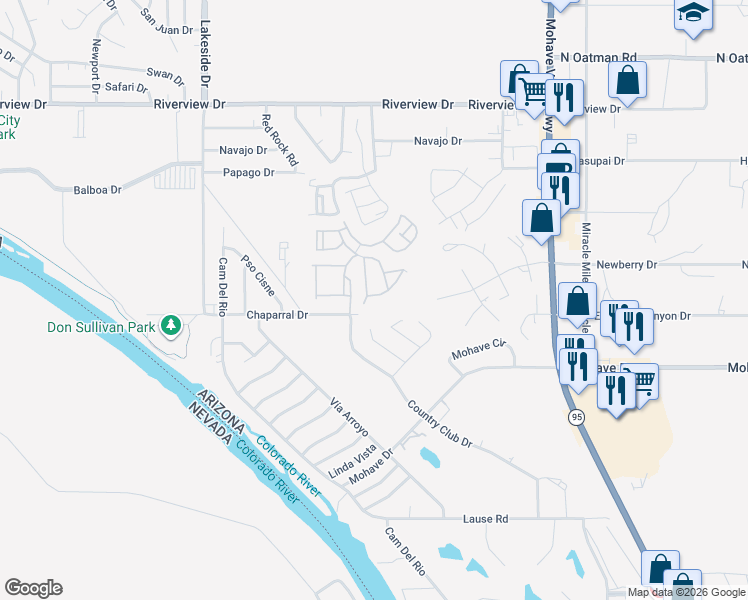 map of restaurants, bars, coffee shops, grocery stores, and more near 2424 Stonebridge Drive in Bullhead City