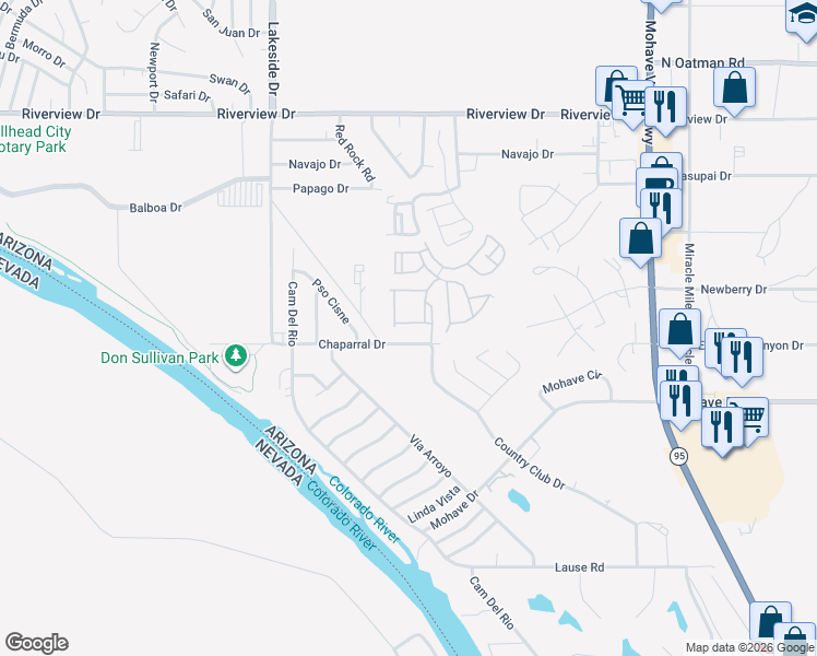 map of restaurants, bars, coffee shops, grocery stores, and more near 1138 Misty Willow Lane in Bullhead City