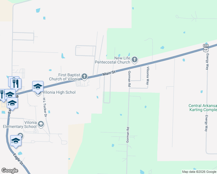 map of restaurants, bars, coffee shops, grocery stores, and more near 63 Whispering Wind Circle in Vilonia
