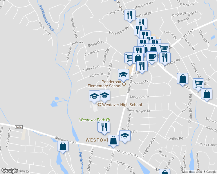 map of restaurants, bars, coffee shops, grocery stores, and more near 704 Bronco Road in Fayetteville
