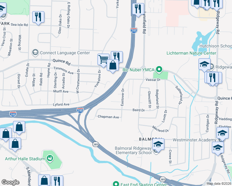 map of restaurants, bars, coffee shops, grocery stores, and more near 2315 Eastover Cove in Memphis