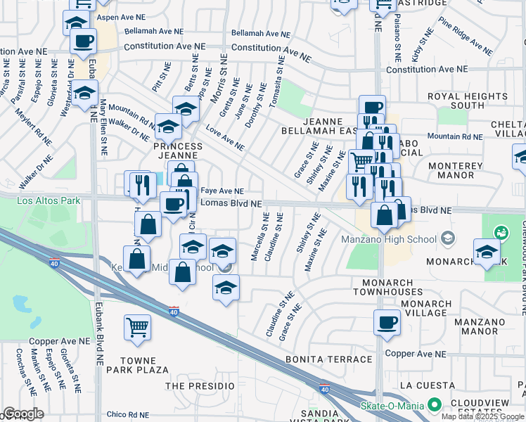 map of restaurants, bars, coffee shops, grocery stores, and more near 841 Marcella Street Northeast in Albuquerque