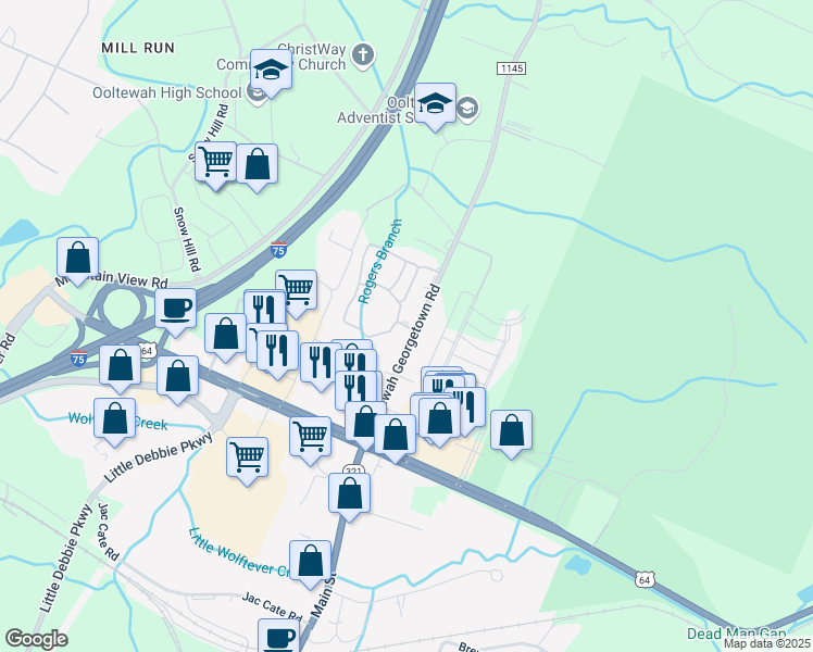 map of restaurants, bars, coffee shops, grocery stores, and more near Lawford Way in Ooltewah
