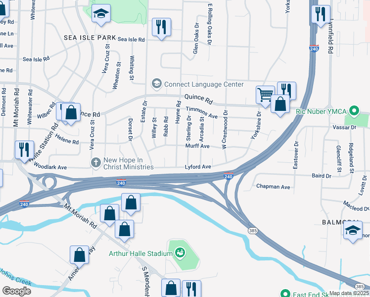 map of restaurants, bars, coffee shops, grocery stores, and more near 5415 Murff Avenue in Memphis