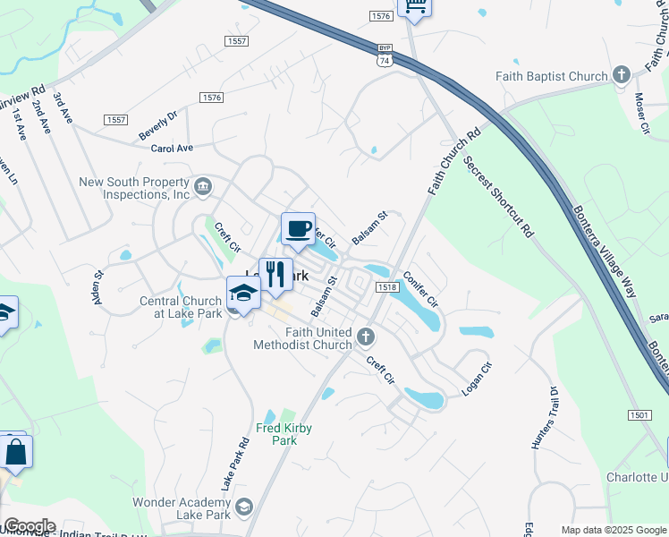 map of restaurants, bars, coffee shops, grocery stores, and more near 3911 Balsam Street in Indian Trail