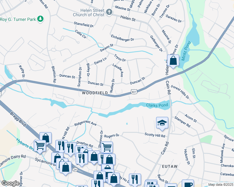 map of restaurants, bars, coffee shops, grocery stores, and more near 909 Cora Lee Drive in Fayetteville