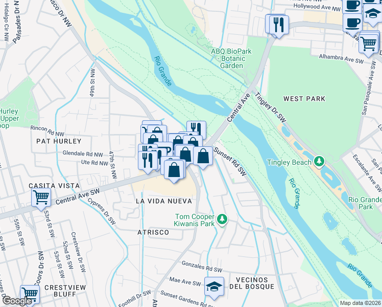 map of restaurants, bars, coffee shops, grocery stores, and more near 4011 Central Avenue Northwest in Albuquerque