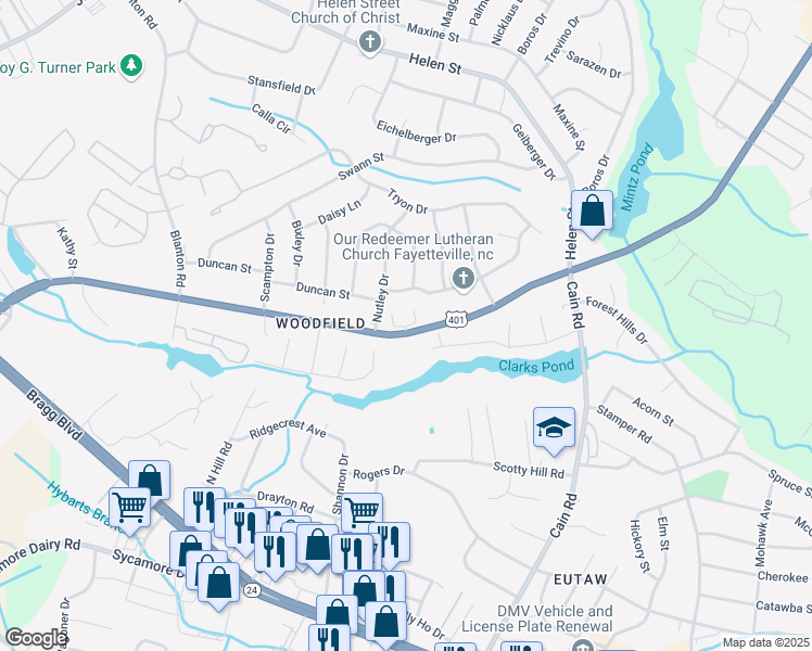 map of restaurants, bars, coffee shops, grocery stores, and more near 917 Cora Lee Drive in Fayetteville