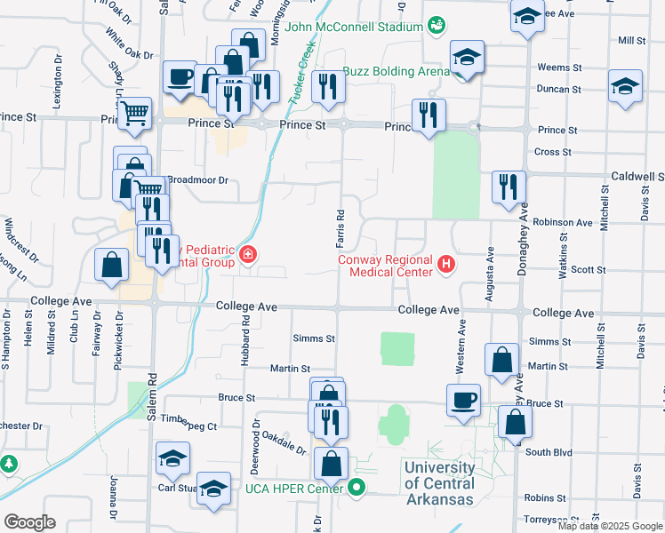 map of restaurants, bars, coffee shops, grocery stores, and more near 2510 Holly Cove in Conway