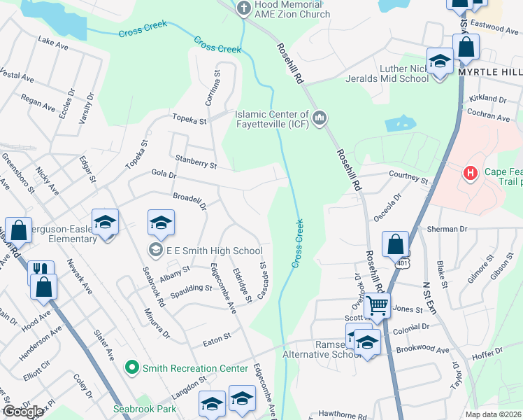 map of restaurants, bars, coffee shops, grocery stores, and more near 1804 Olympia Court in Fayetteville