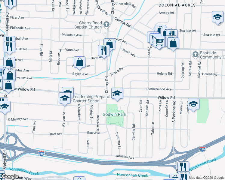 map of restaurants, bars, coffee shops, grocery stores, and more near 4389 Leatherwood Avenue in Memphis