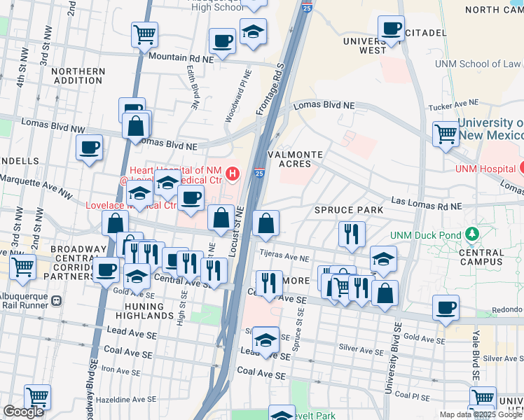 map of restaurants, bars, coffee shops, grocery stores, and more near 500 Oak Street Northeast in Albuquerque