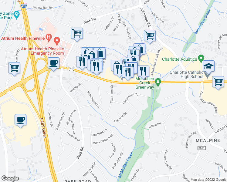 map of restaurants, bars, coffee shops, grocery stores, and more near 8530 Castle Pine Court in Charlotte