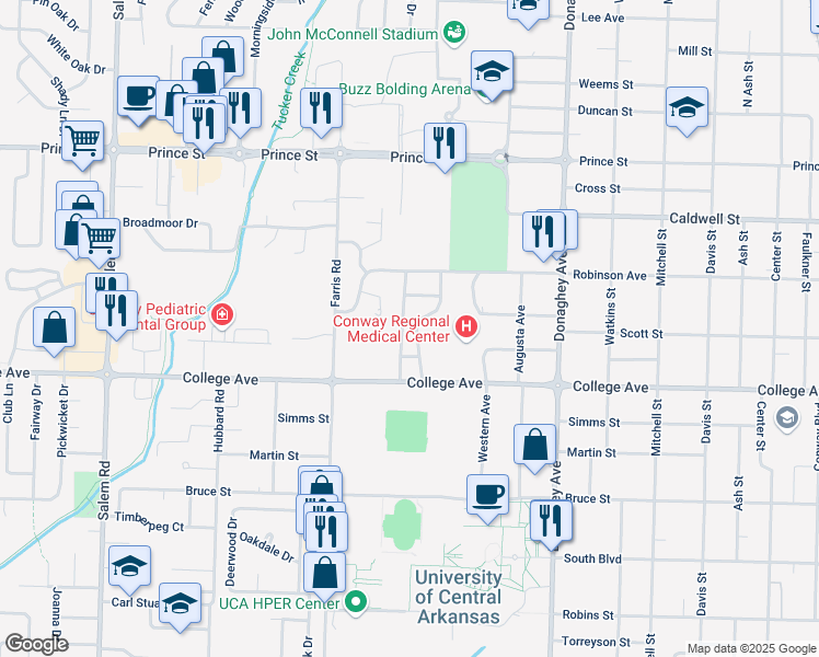map of restaurants, bars, coffee shops, grocery stores, and more near 1 Mark Place in Conway