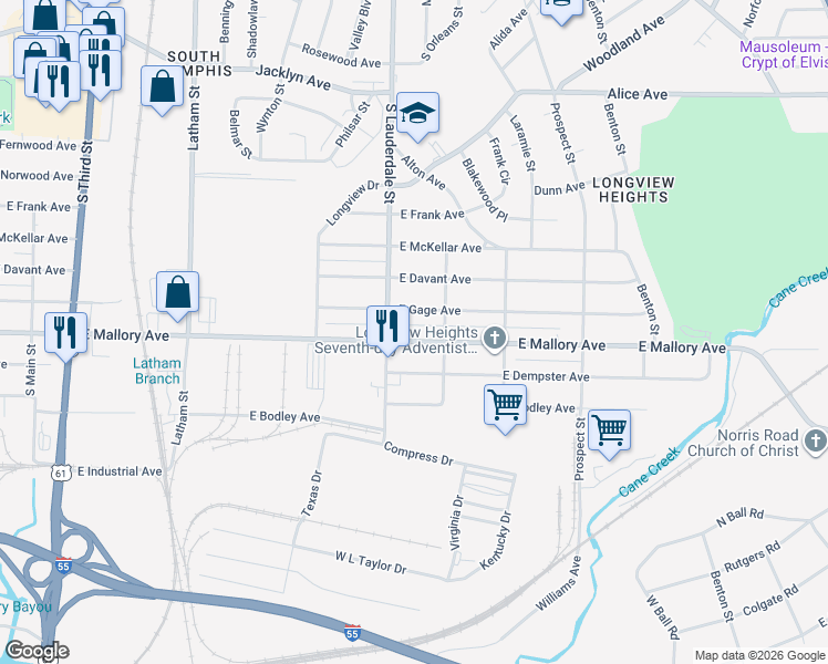 map of restaurants, bars, coffee shops, grocery stores, and more near 586 E Mallory Ave in Memphis