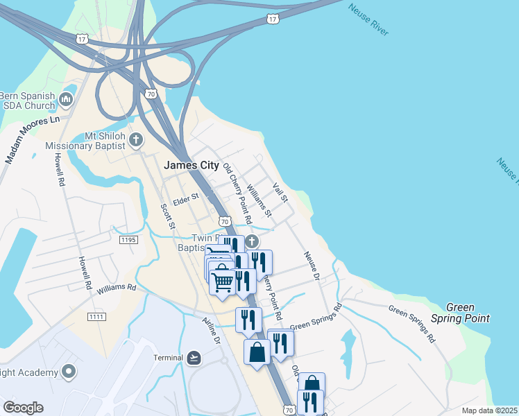 map of restaurants, bars, coffee shops, grocery stores, and more near 405 James Street in New Bern