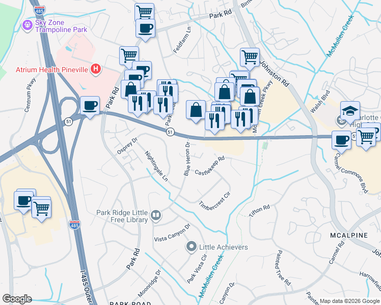 map of restaurants, bars, coffee shops, grocery stores, and more near 8530 Castle Pine Court in Charlotte