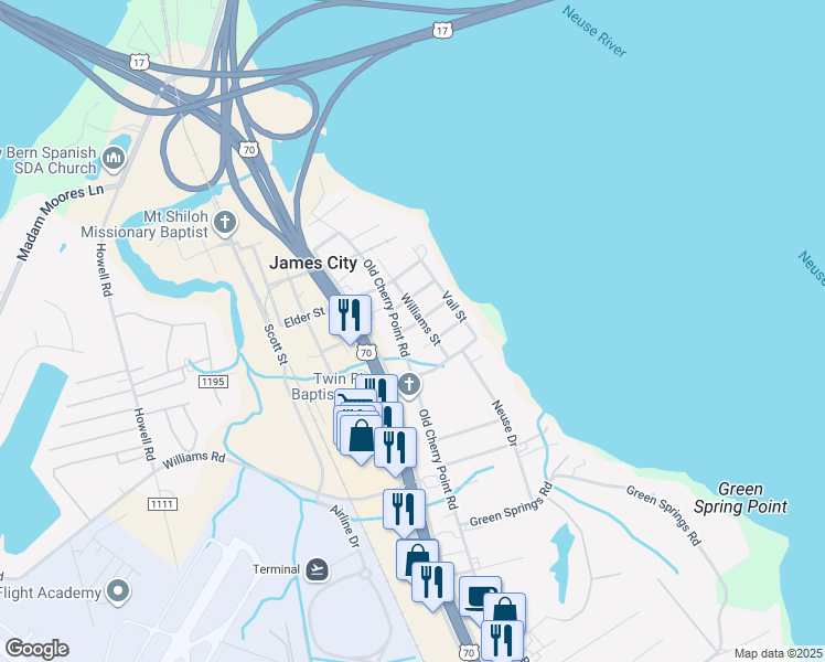 map of restaurants, bars, coffee shops, grocery stores, and more near 405 James Street in New Bern