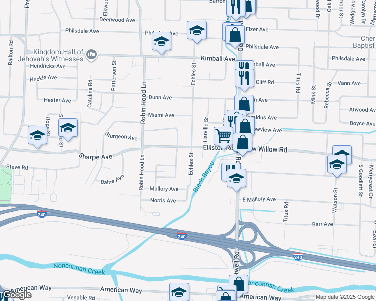 map of restaurants, bars, coffee shops, grocery stores, and more near 3815 Elliston Road in Memphis