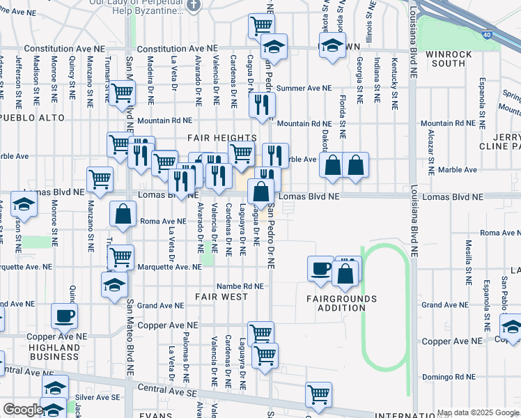 map of restaurants, bars, coffee shops, grocery stores, and more near 908 Cagua Drive Northeast in Albuquerque