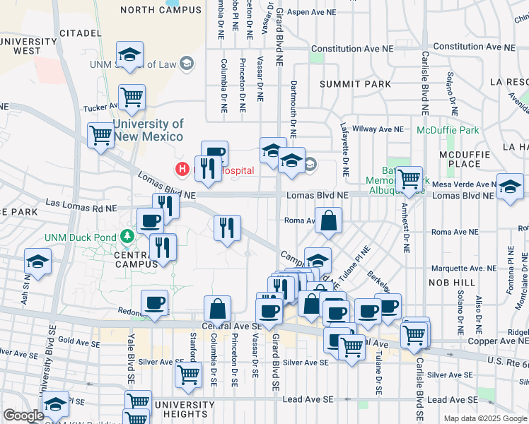 map of restaurants, bars, coffee shops, grocery stores, and more near 606 Vassar Drive Northeast in Albuquerque