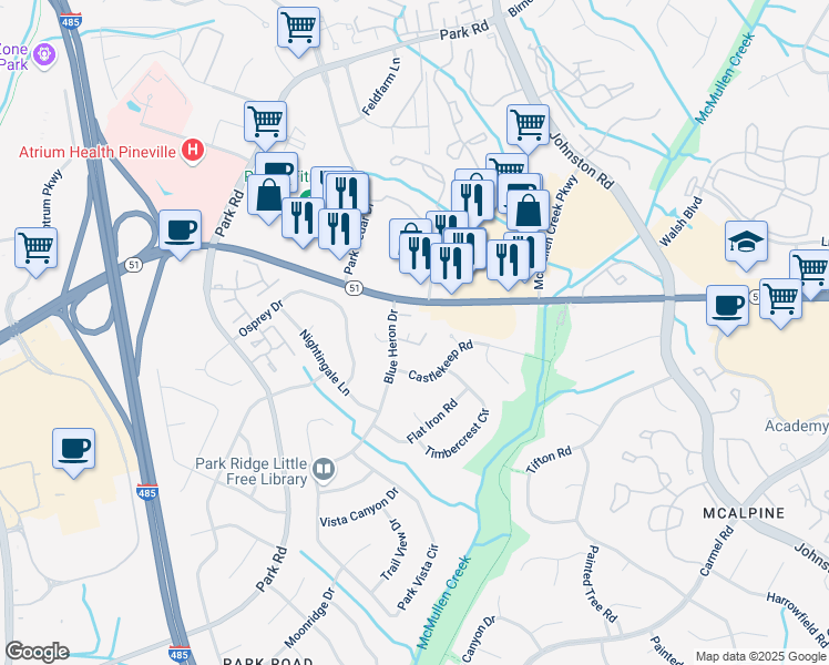 map of restaurants, bars, coffee shops, grocery stores, and more near 8530 Castle Pine Court in Charlotte