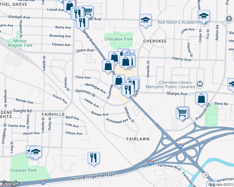 map of restaurants, bars, coffee shops, grocery stores, and more near 2950 Montague Cove in Memphis