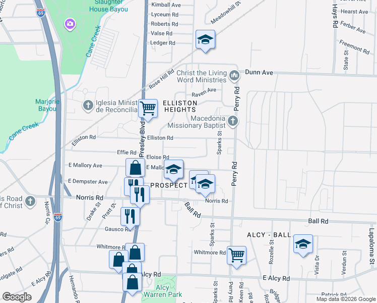map of restaurants, bars, coffee shops, grocery stores, and more near 1434 Eloise Road in Memphis