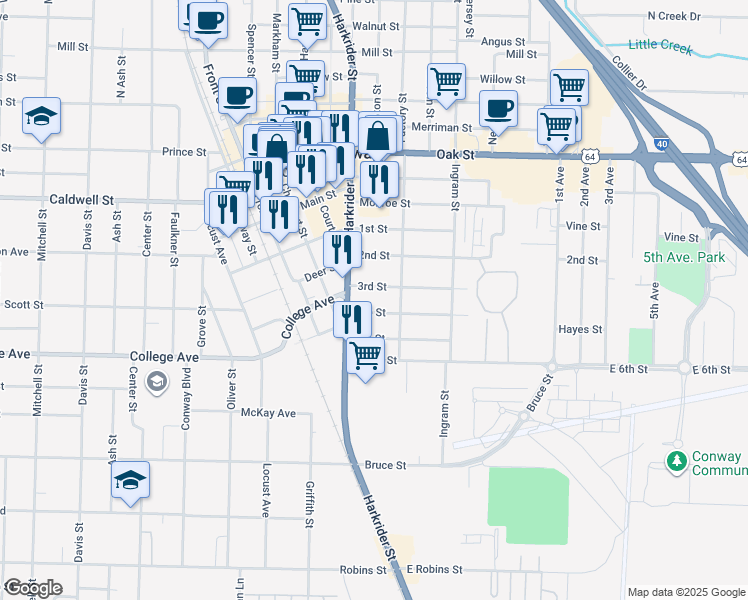 map of restaurants, bars, coffee shops, grocery stores, and more near 818 4th Street in Conway