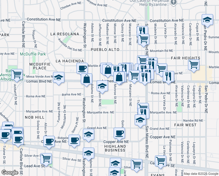 map of restaurants, bars, coffee shops, grocery stores, and more near 528 Madison Street Northeast in Albuquerque
