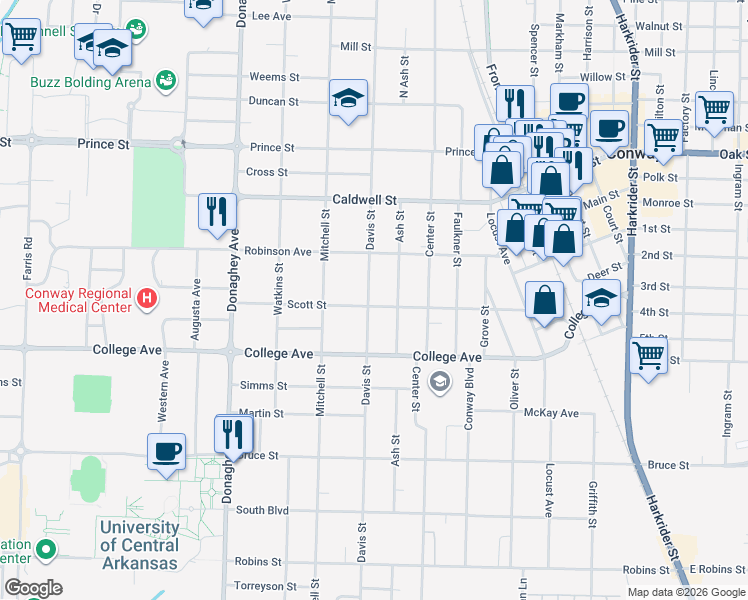 map of restaurants, bars, coffee shops, grocery stores, and more near 1722 Scott Street in Conway