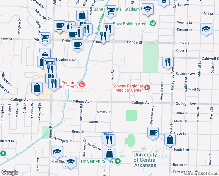 map of restaurants, bars, coffee shops, grocery stores, and more near 2510 Holly Cove in Conway