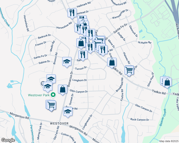 map of restaurants, bars, coffee shops, grocery stores, and more near 5422 Wichita Drive in Fayetteville